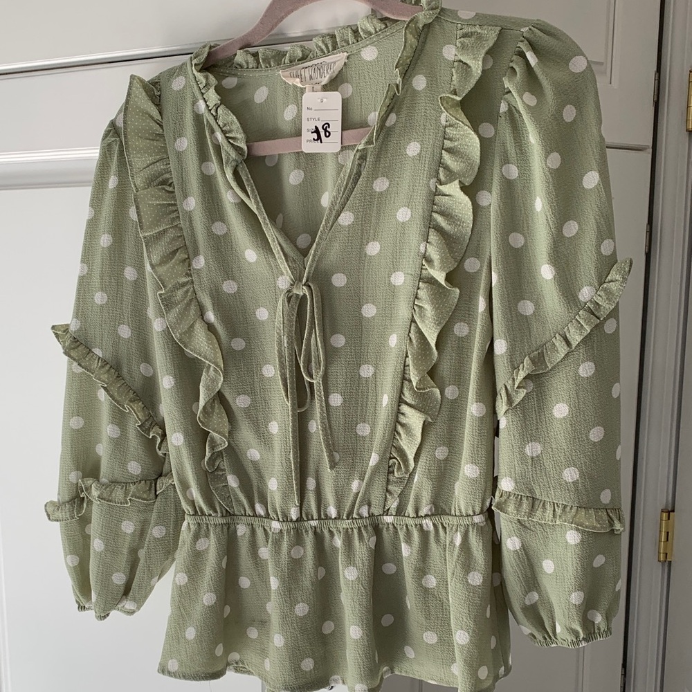NWT! Polka Dot Ruffle Tie-Neck Blouse — Sage Green